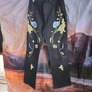 Embroidered Black Women's Jeans with Blue & Gold Floral Accents